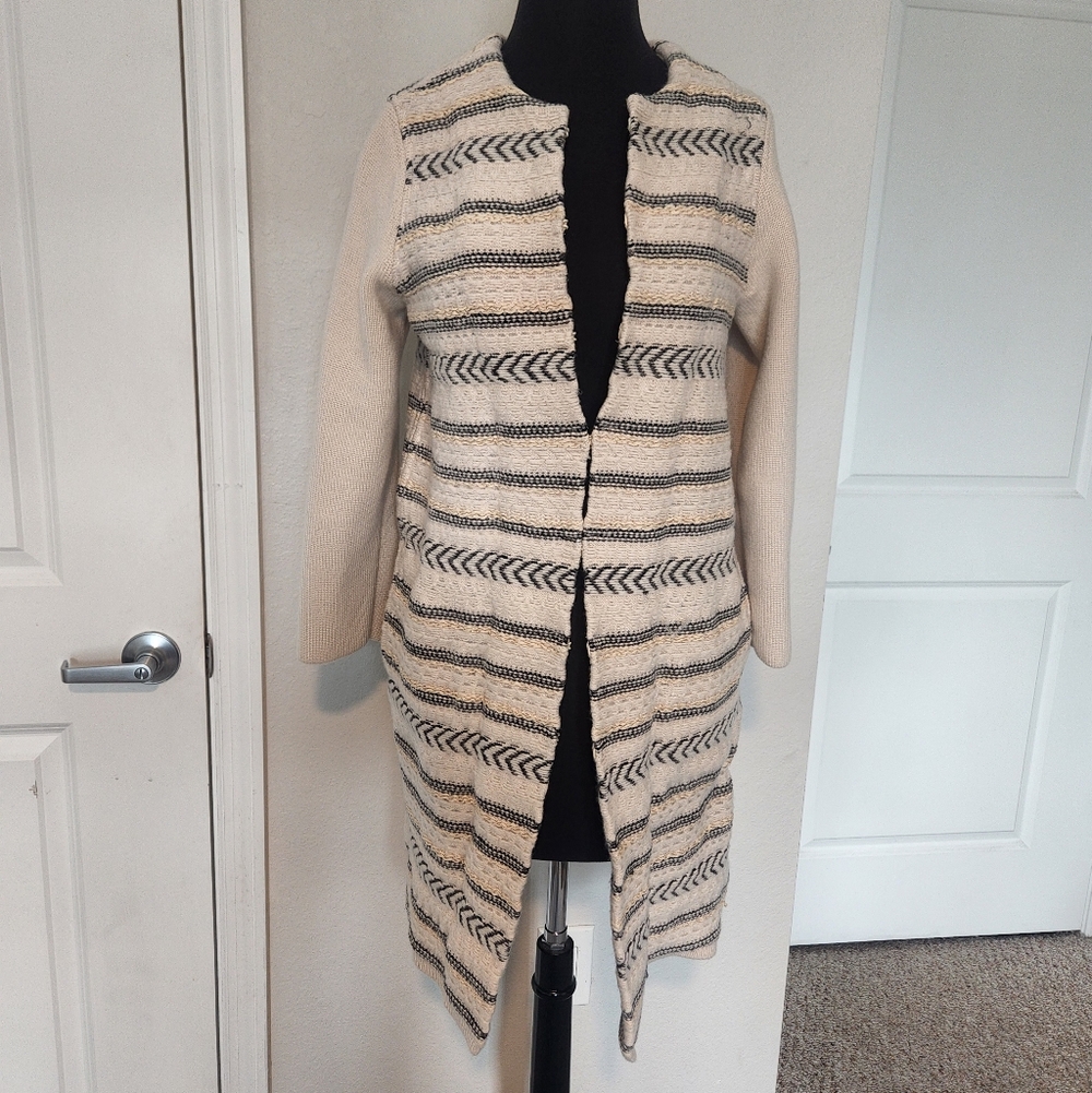 Tory Burch Cream and Black Open-Front Cardigan